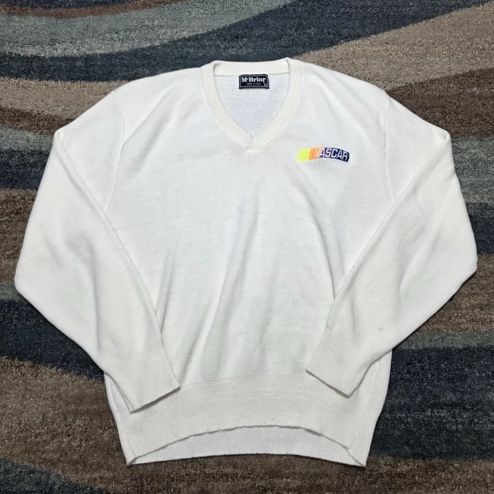 Vintage NASCAR McBriar V-Neck Sweater White USA Made Men’s M